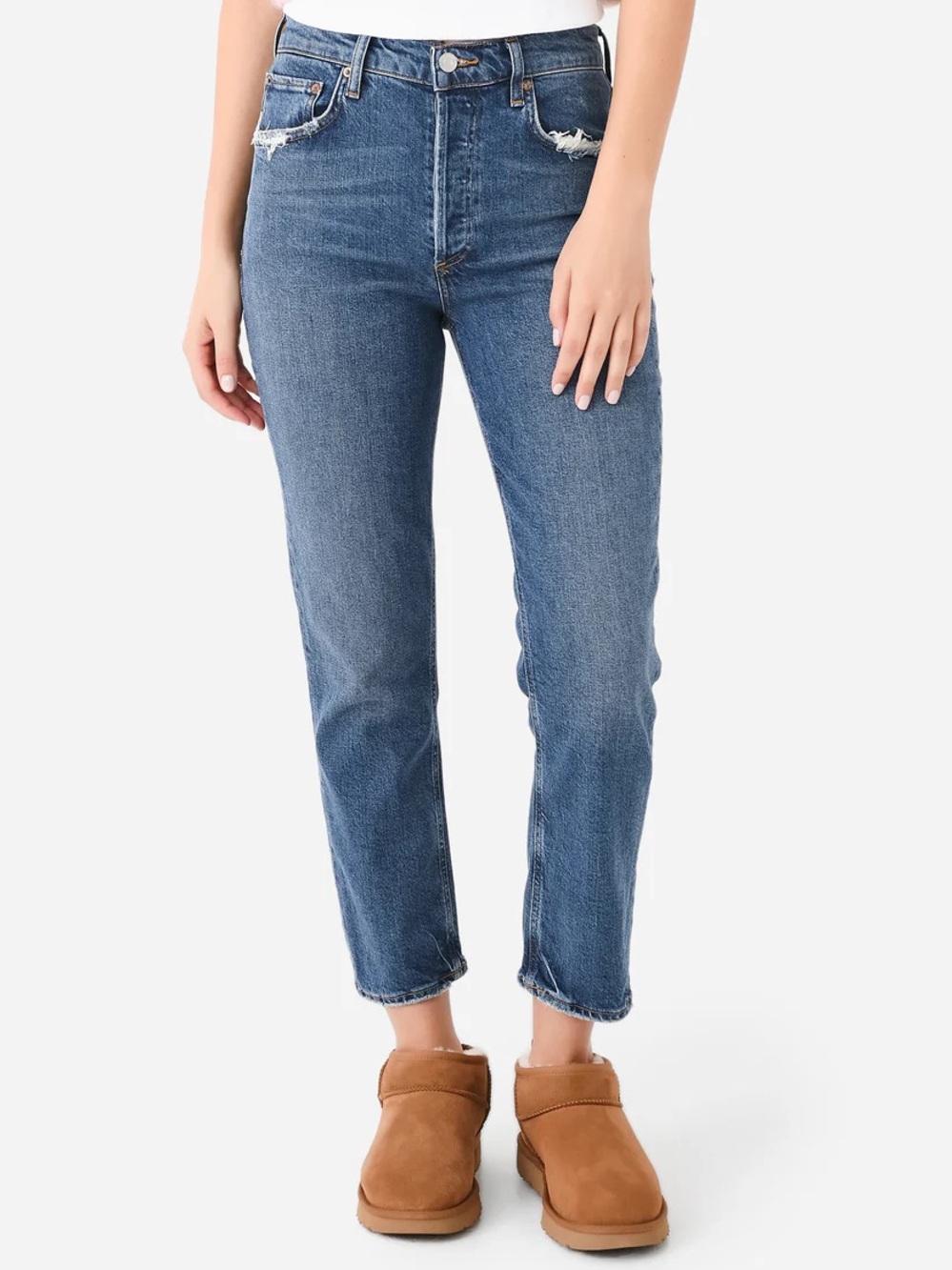 AGOLDE Riley Crop Pose Blue Distressed High Rise Straight Leg Jeans EUC Size 24